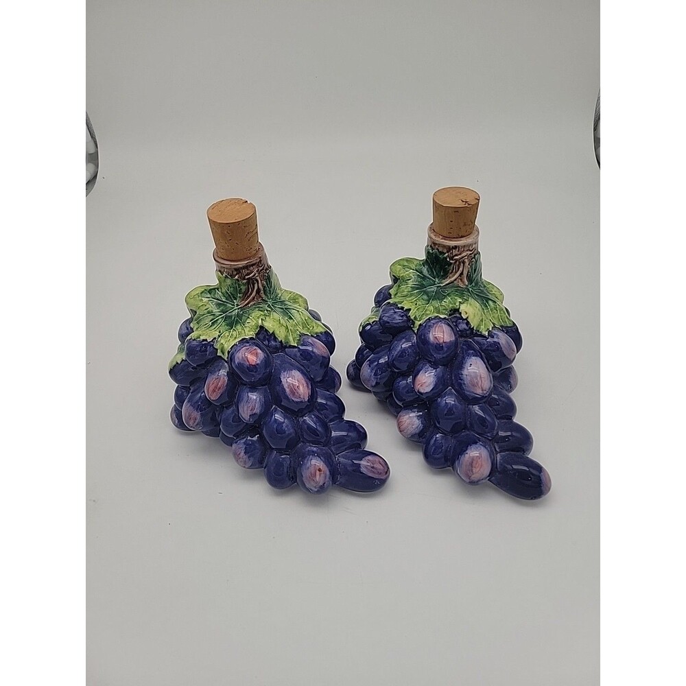 Mid Century Vintage Hand Painted Ceramic Grape Cluster Cork Wine Decanters Italy